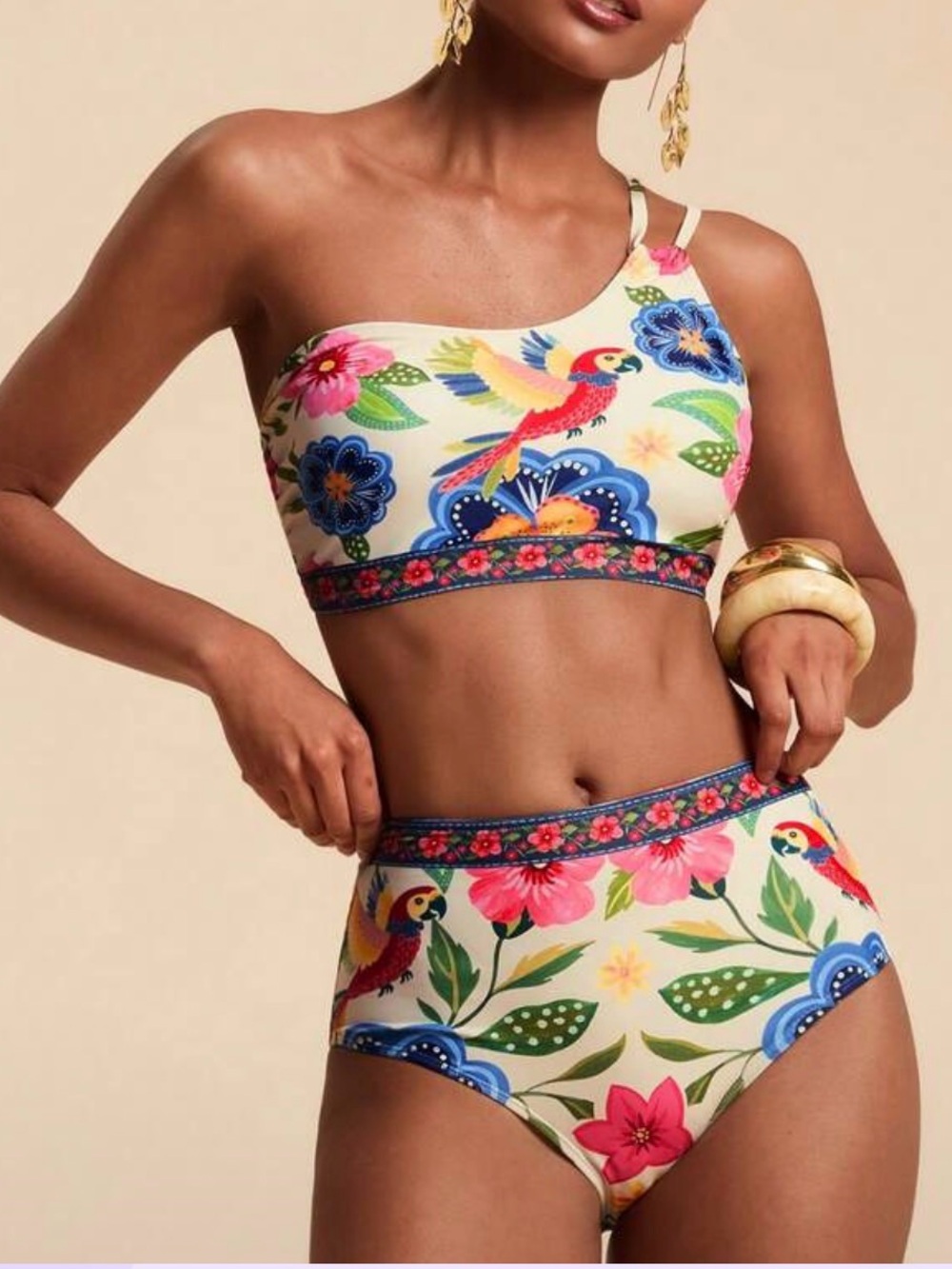 One-Shoulder Tropical Parrot Floral Bikini Set in Cream